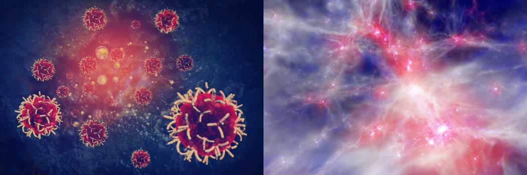 An image of cancer cells alongside The EAGLE simiulated universe from 一本道无码鈥檚 Institute for Computational Cosmology and the Virgo Consortium